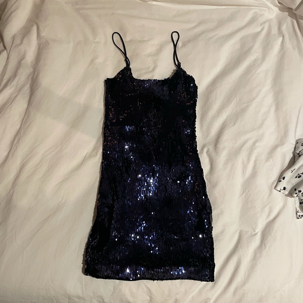 dark blue sequin spaghetti strap dress, size XS